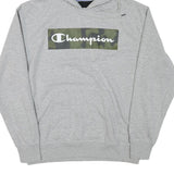 CHAMPION Mens Grey Hoodie L Cotton Blend Pullover Camouflage Logo