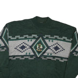 Mens Green Grey Patterned Wool Jumper Cable Knit L Crew Neck Relaxed Fit