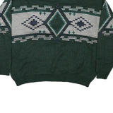 Mens Green Grey Patterned Wool Jumper Cable Knit L Crew Neck Relaxed Fit