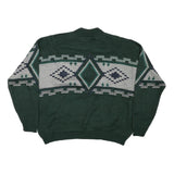 Mens Green Grey Patterned Wool Jumper Cable Knit L Crew Neck Relaxed Fit