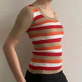 1970s Fauler Striped Top - 2XS Beige Viscose Blend