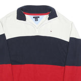 TOMMY HILFIGER Boys White & Navy & Red Colourblock Jumper Half Zip Cable Knit XL