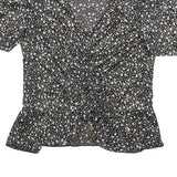 MORGAN Womens Y2K Black Printed Puff Sleeve V-Neck Top M Floral Pattern