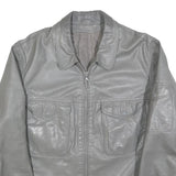 Mens Grey Leather Zip Jacket M Leather Plain Button Collar