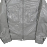 Mens Grey Leather Zip Jacket M Leather Plain Button Collar