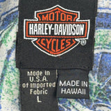 Harley Davidson Graphic Hawaiian Shirt - Large Blue Cotton