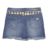 DOLLHOUSE Womens Blue Mini Denim Cotton Blend Skirt Plaid Inserts Size M Casual