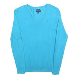 TOMMY HILFIGER Womens Blue Plain V-Neck Basic Knit Jumper S Lightweight Cotton