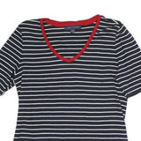 TOMMY HILFIGER Womens Blue & White Striped Top Short Sleeve V-Neck L Cotton