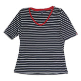 TOMMY HILFIGER Womens Blue & White Striped Top Short Sleeve V-Neck L Cotton