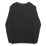 TOMMY HILFIGER Womens Black Plain V-Neck Basic Knit Jumper M Cotton Blend