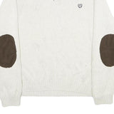CHAPS Mens Cream Button Up Plain Crew Neck Basic Knit XL Cotton Jumper Elbow