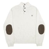 CHAPS Mens Cream Button Up Plain Crew Neck Basic Knit XL Cotton Jumper Elbow