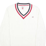 TOMMY JEANS Womens White Patterned V-Neck Cable Knit Jumper M Striped Trim