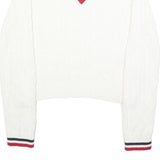 TOMMY JEANS Womens White Patterned V-Neck Cable Knit Jumper M Striped Trim