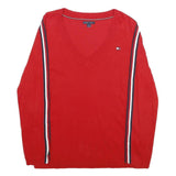 TOMMY HILFIGER Womens Red Striped V Neck Patterned Basic Knit Jumper M Cotton