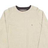 TOMMY HILFIGER Mens Beige Crew Neck Plain Cotton Jumper L Lightweight Casual