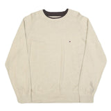 TOMMY HILFIGER Mens Beige Crew Neck Plain Cotton Jumper L Lightweight Casual