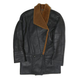 Womens Black & Brown Leather Button Jacket L Shearling Collar Relaxed Fit