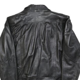 Womens Black Leather Button Jacket L Woven Classic Oversized Timeless Design