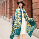 Anyyou 100% Merino Wool Blue Biege Silk Satin Large Winter Scarf Pashmina Shawl Bandana Perfect For Women Ladies Fashion Style