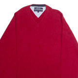 TOMMY HILFIGER Mens Jumper Red V-Neck Chunky Knit L