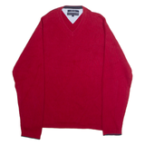 TOMMY HILFIGER Mens Jumper Red V-Neck Chunky Knit L