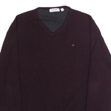 CALVIN KLEIN Mens Jumper Maroon V-Neck Tight Knit Wool L