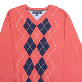 TOMMY HILFIGER Mens Patterned Jumper Pink Argyle V-Neck Tight Knit XL