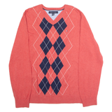 TOMMY HILFIGER Mens Patterned Jumper Pink Argyle V-Neck Tight Knit XL