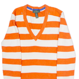 LAUREN RALPH LAUREN Womens Patterned Jumper Orange Striped V-Neck Tight Knit M