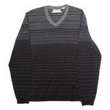 CALVIN KLEIN Mens Patterned Jumper Black Striped V-Neck Tight Knit Wool L