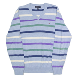 TOMMY HILFIGER Mens Patterned Jumper Blue Striped V-Neck Tight Knit L