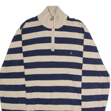 TOMMY HILFIGER Mens Patterned Jumper Beige Striped 1/4 Zip Tight Knit 2XL