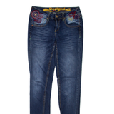 DESIGUAL Floral Cuffed Womens Jeans Blue Regular Tapered Stone Wash W26 L31