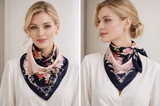 Anyyou Fashion Premium Satin Square Scarf – Navy Blue Pink Silk-Feel Neckwrap for Women