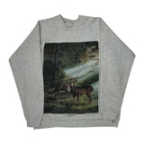 Deer In Forest Print Hanes Graphic Sweatshirt - Large Grey Cotton Blend