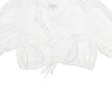STOIBER Womens Cropped Blouse White Button Neck Puff Sleeve M