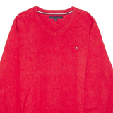 TOMMY HILFIGER Mens Jumper Red V-Neck Tight Knit L