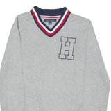 TOMMY HILFIGER Mens Patterned Jumper Grey Striped V-Neck Tight Knit XS