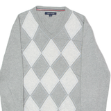 TOMMY HILFIGER Mens Jumper Grey Argyle V-Neck Tight Knit M