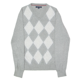 TOMMY HILFIGER Mens Jumper Grey Argyle V-Neck Tight Knit M