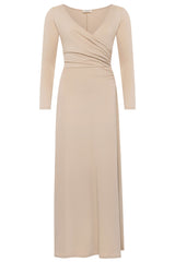Beige Long Sleeve Maxi Dress w/ High Slit