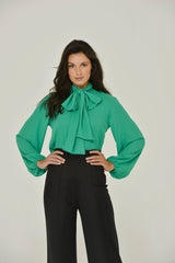 Emerald Green Long Sleeve Mandarin w/ Removable Bow