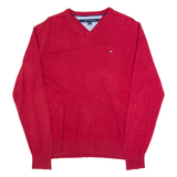 TOMMY HILFIGER Mens Jumper Red V-Neck Tight Knit S