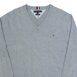 TOMMY HILFIGER Mens Jumper Grey V-Neck Tight Knit 2XL