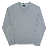 TOMMY HILFIGER Mens Jumper Grey V-Neck Tight Knit 2XL
