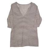 See Through Womens T-Shirt Brown 3/4 Sleeve V-Neck S