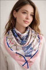 Anyyou Fashion Premium Satin Square Scarf – Vase Floral Pink Silk-Feel Neckwrap for Women