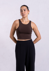 Organic Cotton High-Neck Cropped Tank, Hot Fudge
